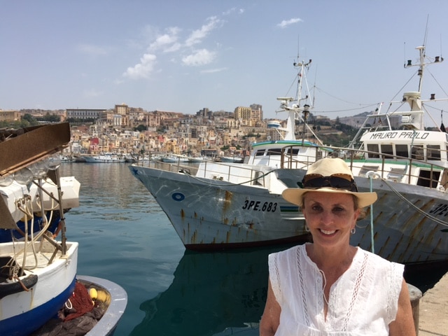 Barbara Nevins Taylor at the fishing dock in Sciacca Sicily