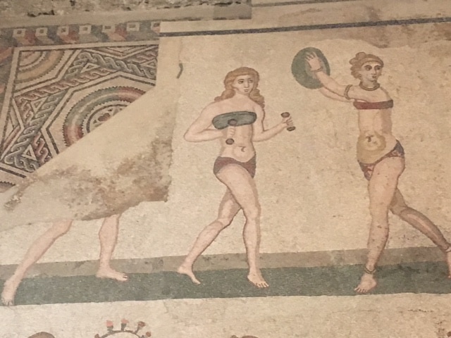Bikini Girls Weight Lifter and Discus Thrower, Mosaics, Villa Romana del Casale, Sicily.
