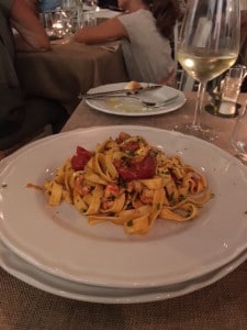 Tagliatelli shrimp cherry tomatoes and pistachios Ballaro Restaurant Palermo Sicily