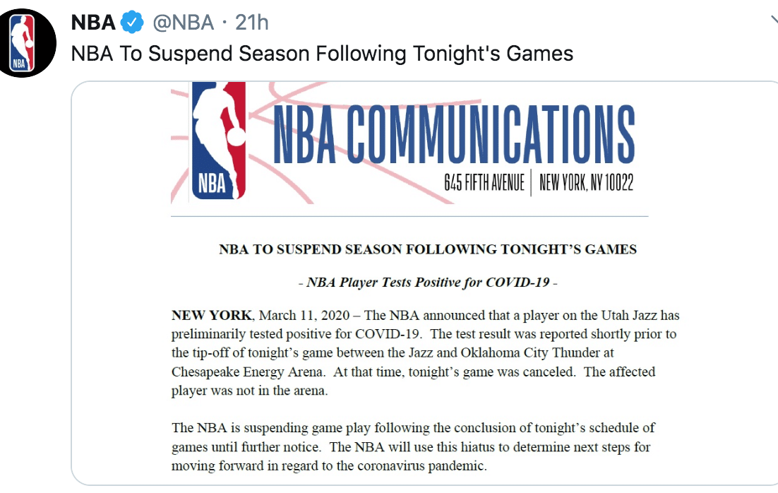 NBA Suspends Season Tweet