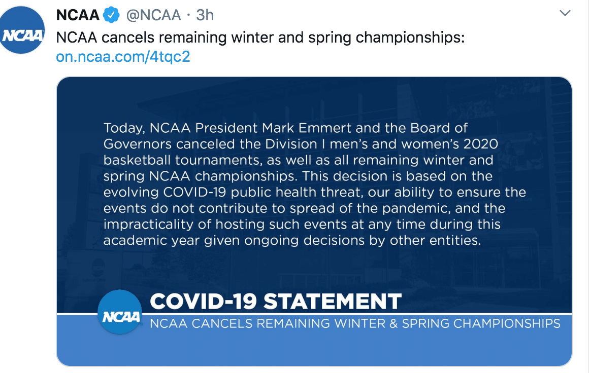 NCAA Tweet cancelling the tournament.