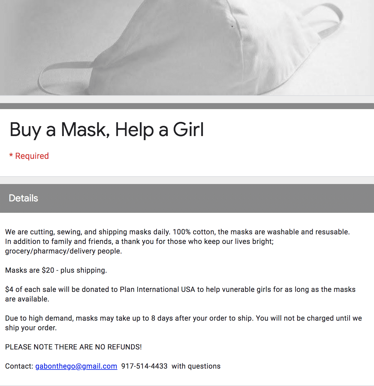 order form for Gabriel Carlson masks