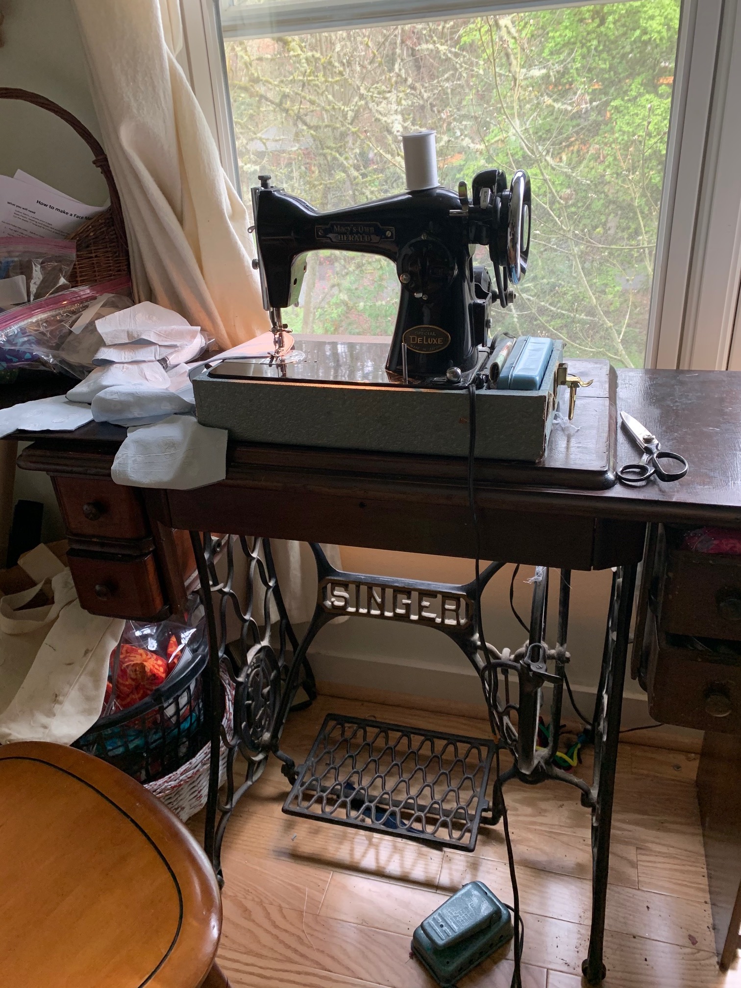 Jeanne Robin's sewing machine in front of a window