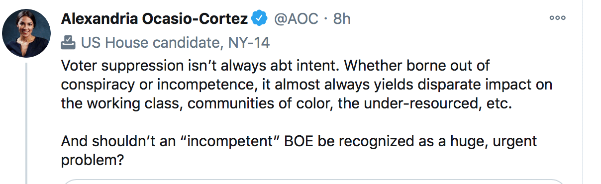 Ocasio-Cortez Tweet about delays at NYC polling places