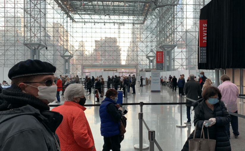 People waiting on second vaccine sign-up line at the Javits Center. Photo by ConsumerMojo.com