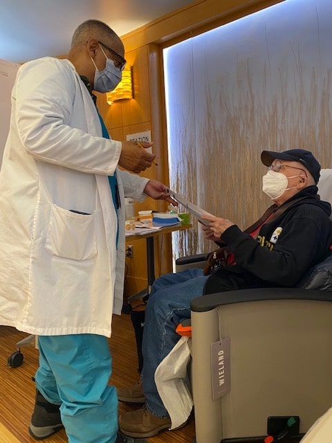 Marvin Kitman Getting the COVID vaccine at the VA