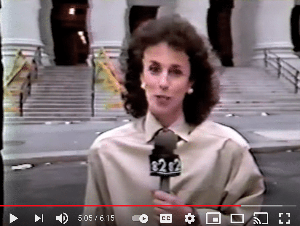 Barbara Nevins Taylor outside federal court in 1988 at the Leona Helmsley trial. YouTube shot 