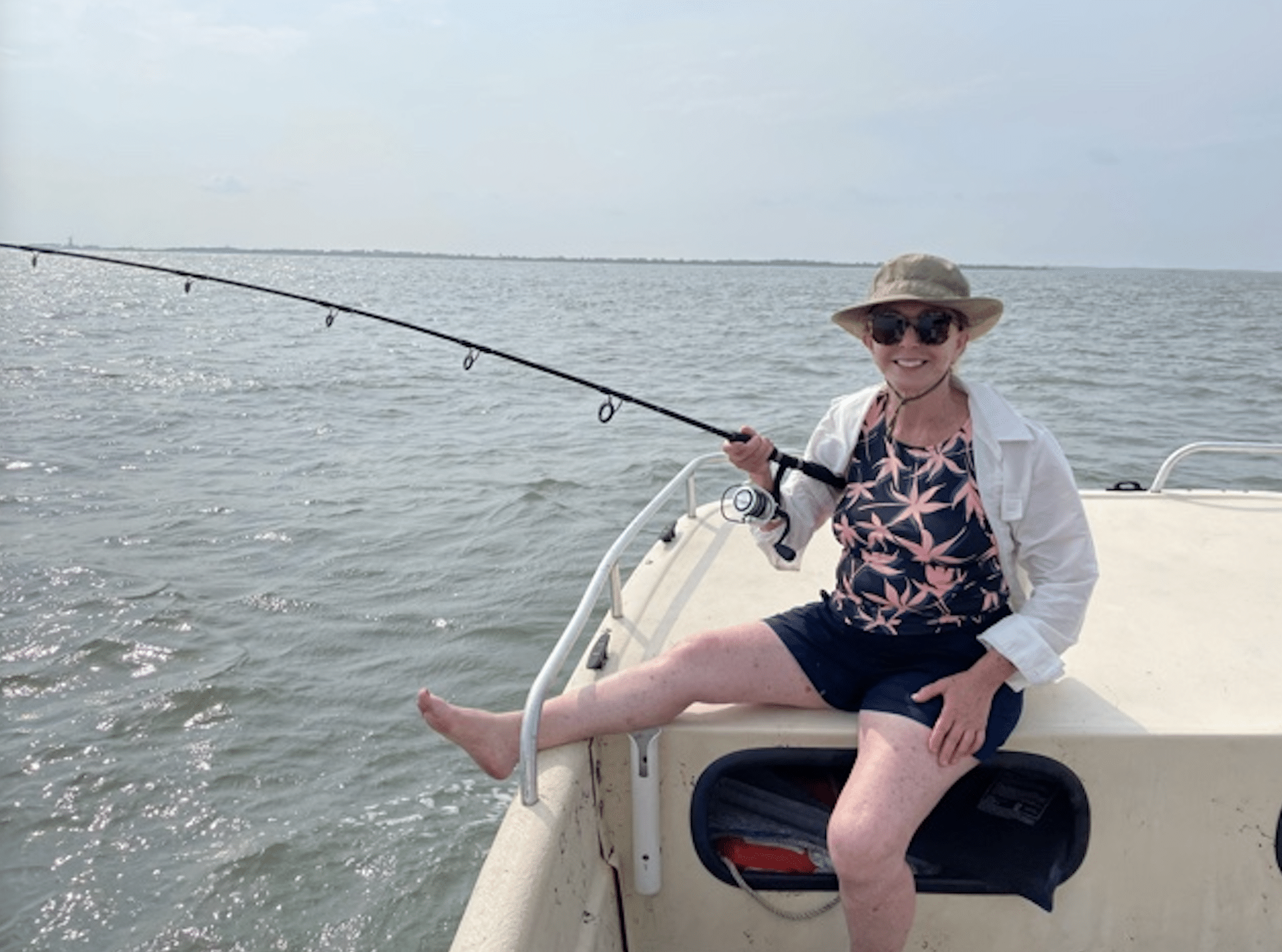 Barbara Nevins Taylor fishing off of Chincoteague, Virginia