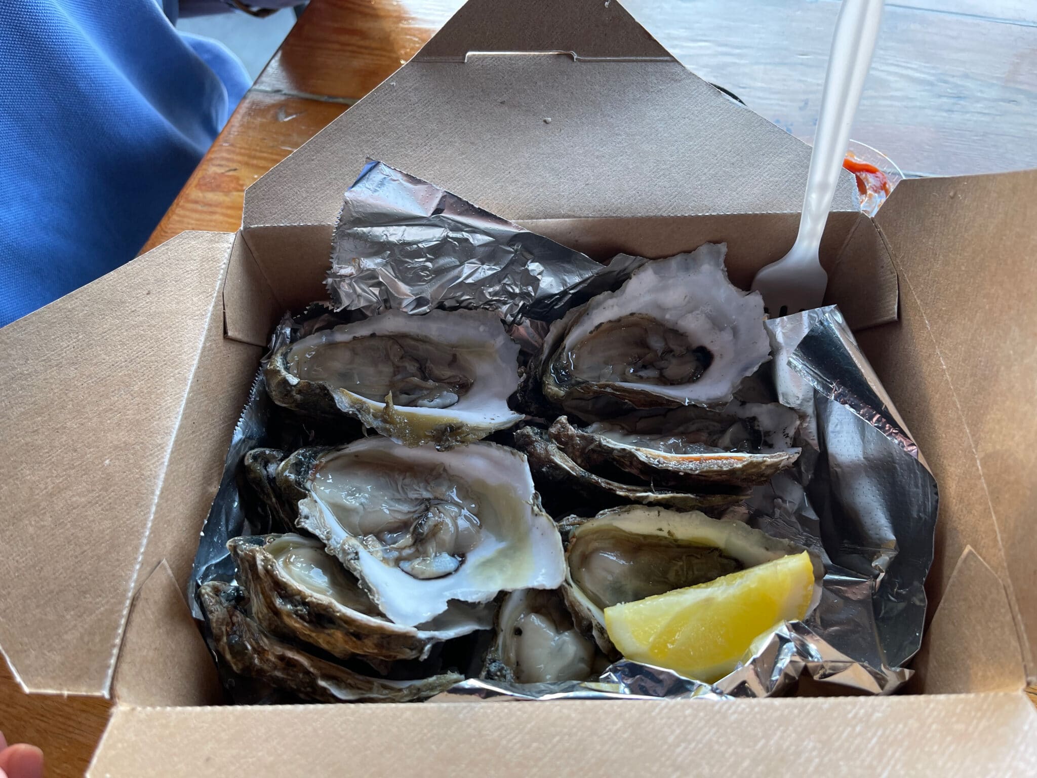 Oysters in a brown box at Don's in Chincoteague. Photo by ConsumerMojo.com