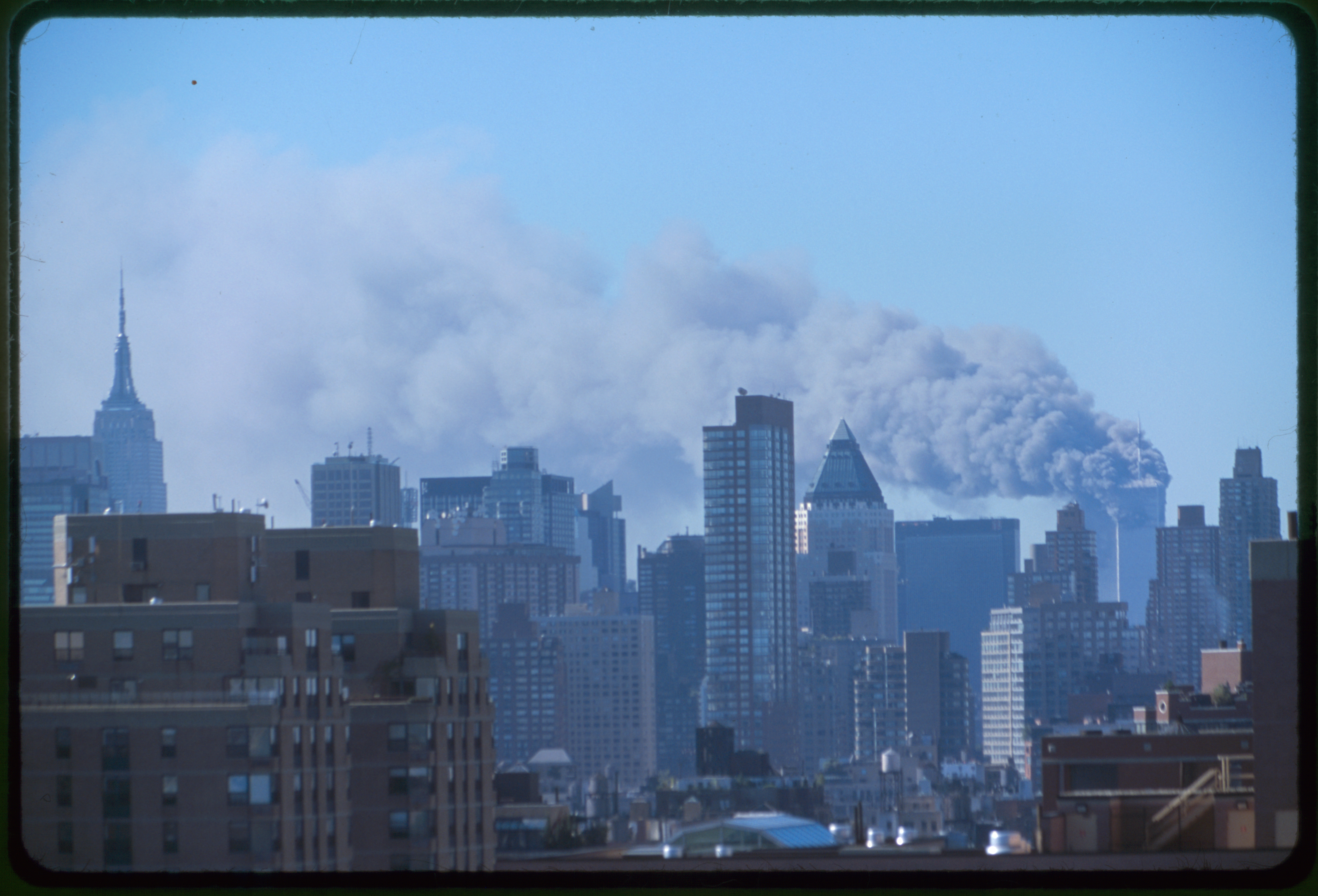 9/11 photo of Twin Towers burning. Library of Congress Photo