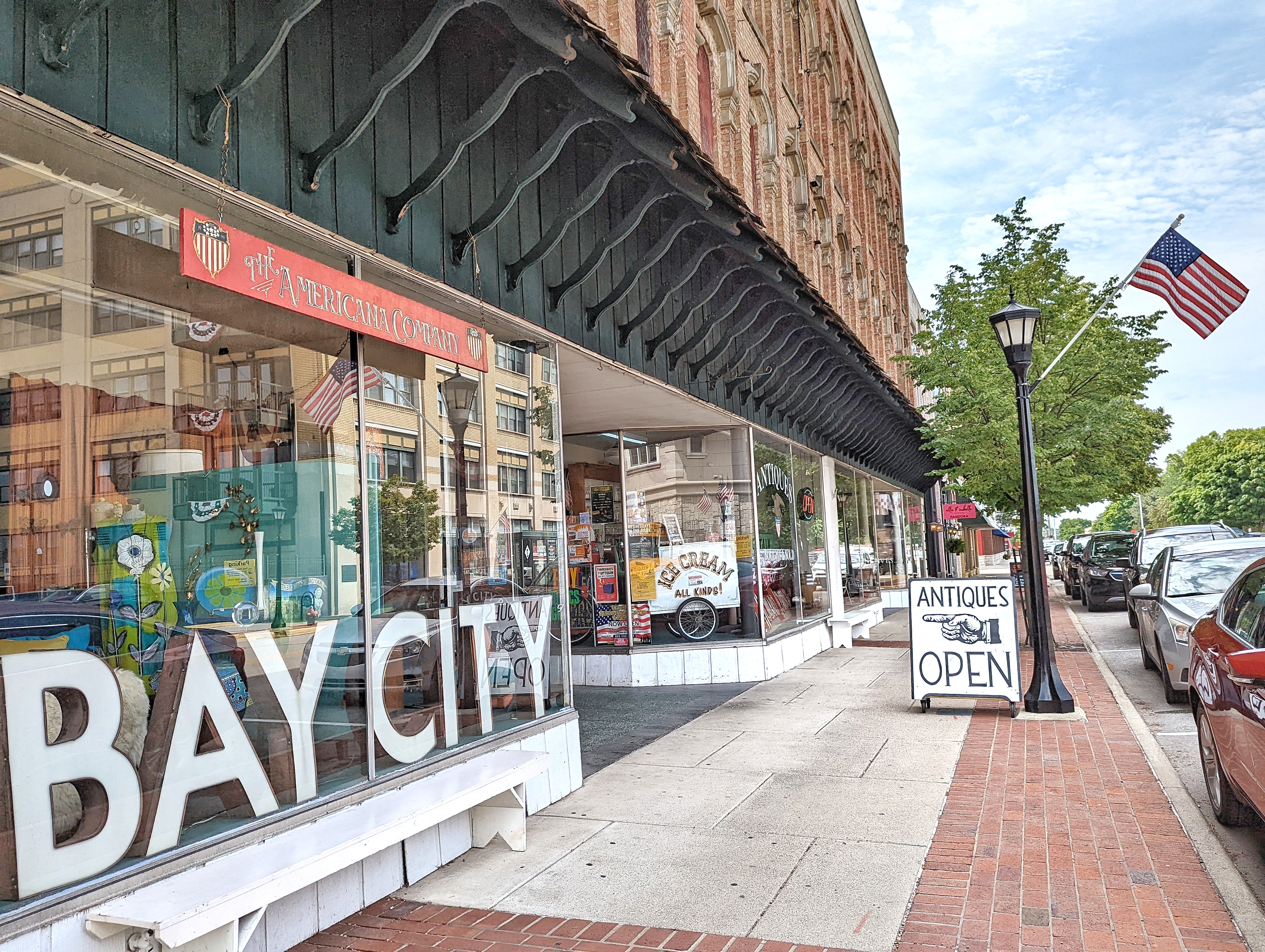 Antique shops on the main street in Bay City, Michigan