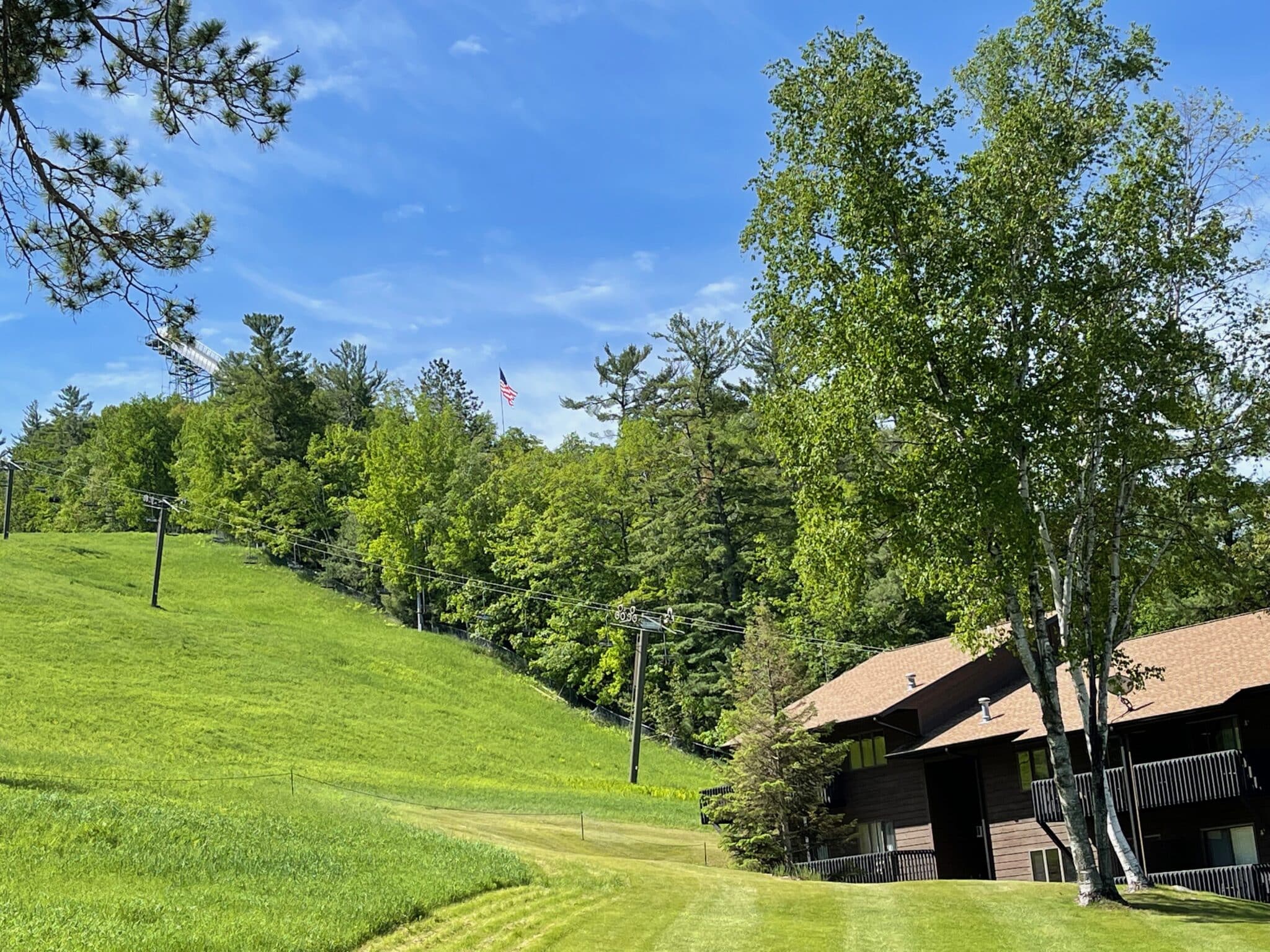 Ski jump and cottages on the hillside at Pine Mountain Resort