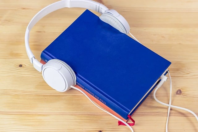 Blue book with headphones