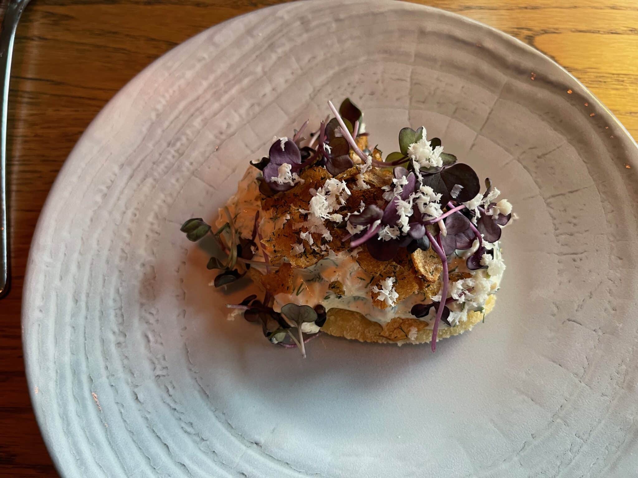 Open seafood sandwich at Trondheim restaurant.