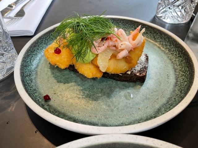 Open faced shrimp sandwich at Restaurant Smør in the Danish National Museum