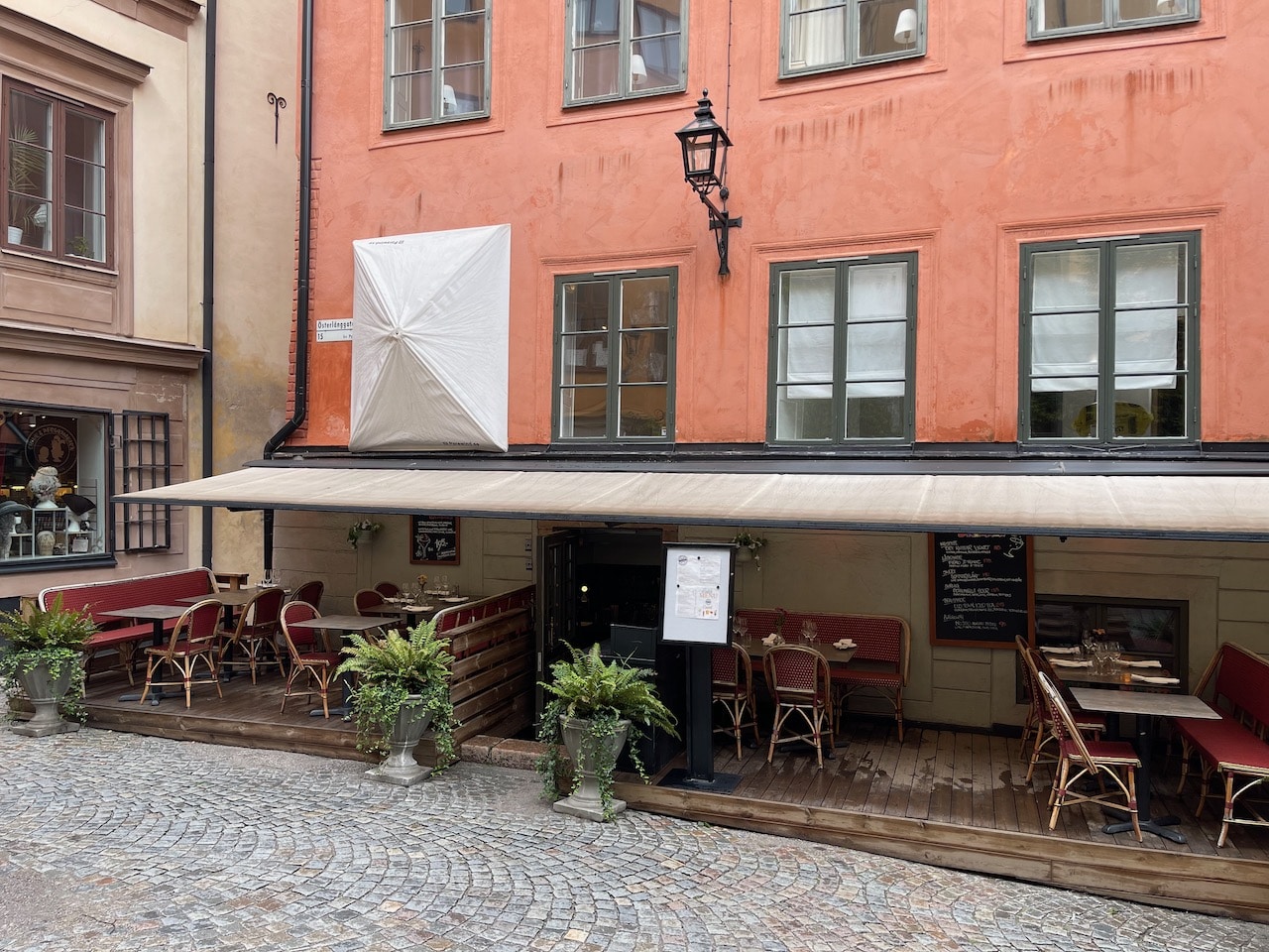 Exterior of Five Small Houses, a restaurant in Gamla Stan Sweden