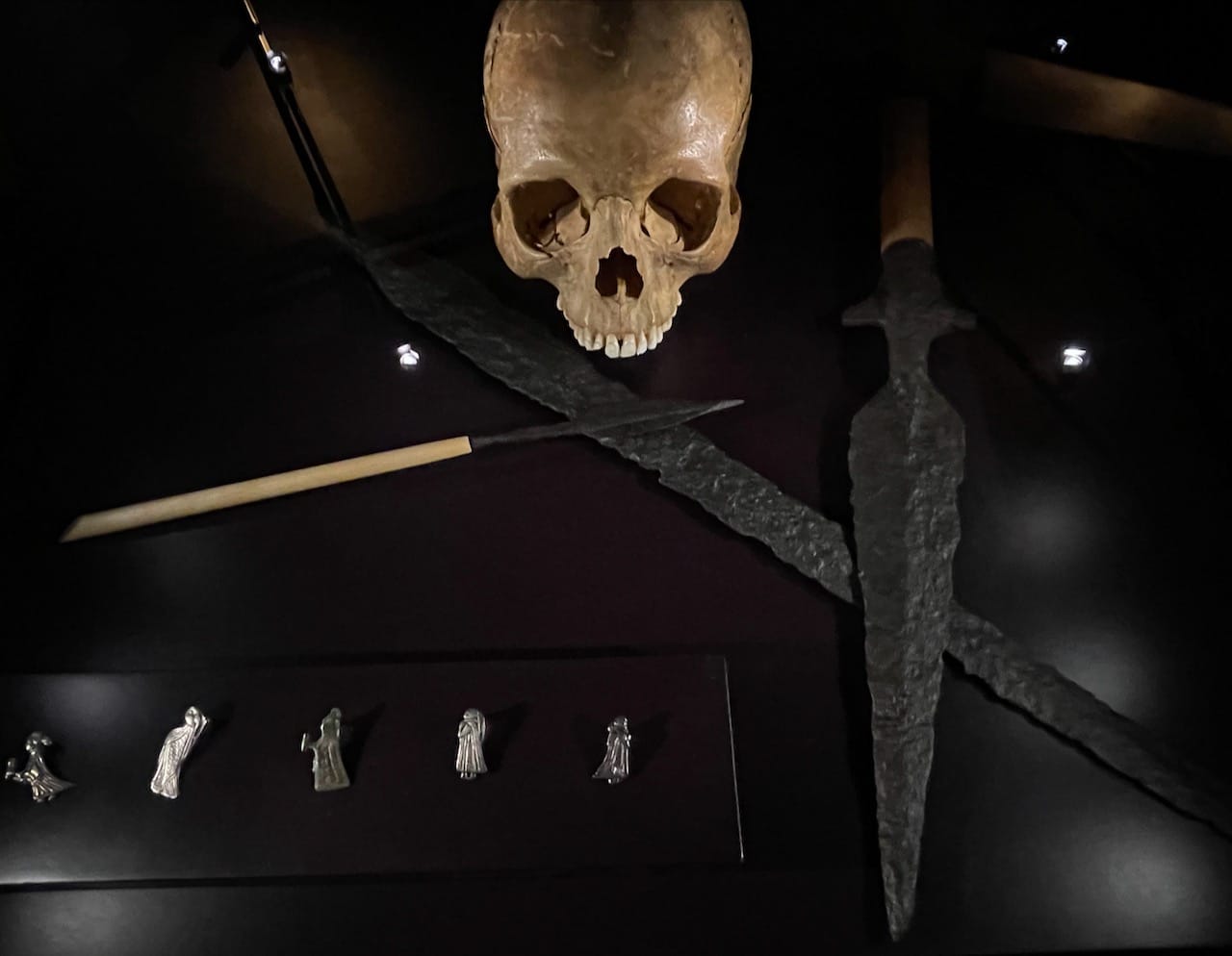 Skull and swords in Viking exhibit in Stockholm