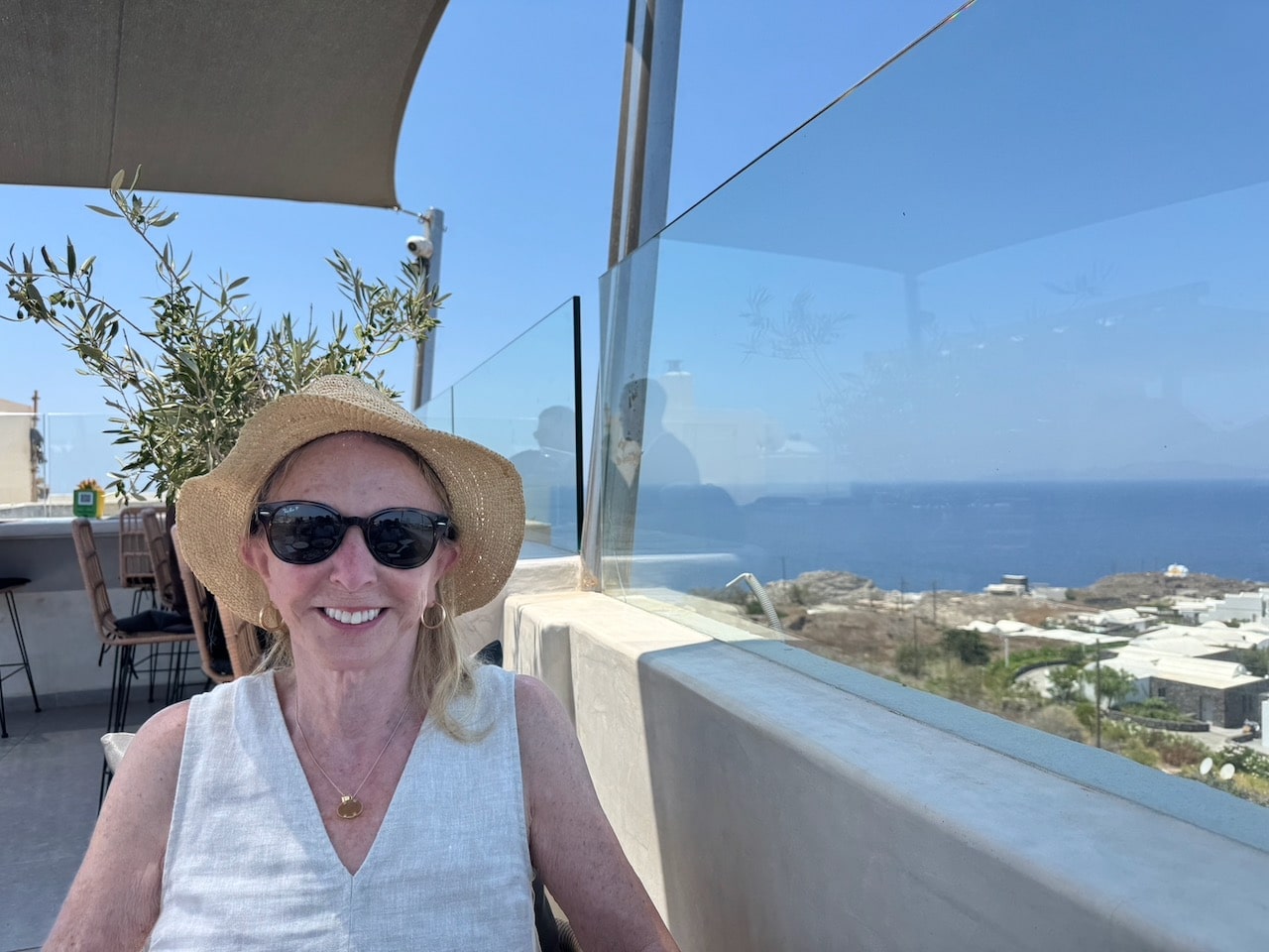 Barbara Nevins Taylor in Tephra restaurant on Santorini. Photo by ConsumerMojo.com