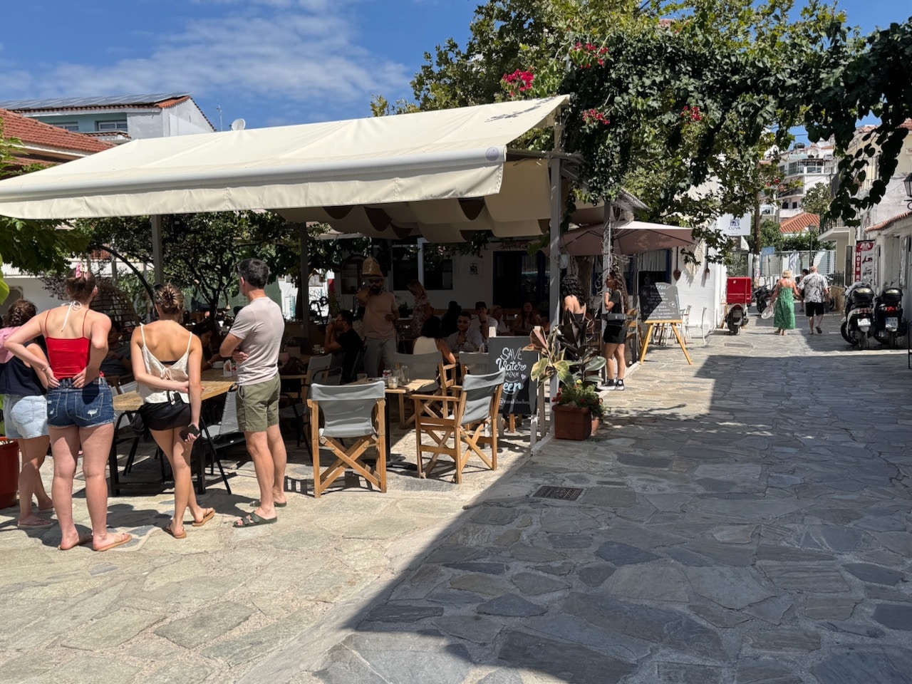 Casual place under an awning on Skiathos, Greece. Photo by ConsumerMojo.com