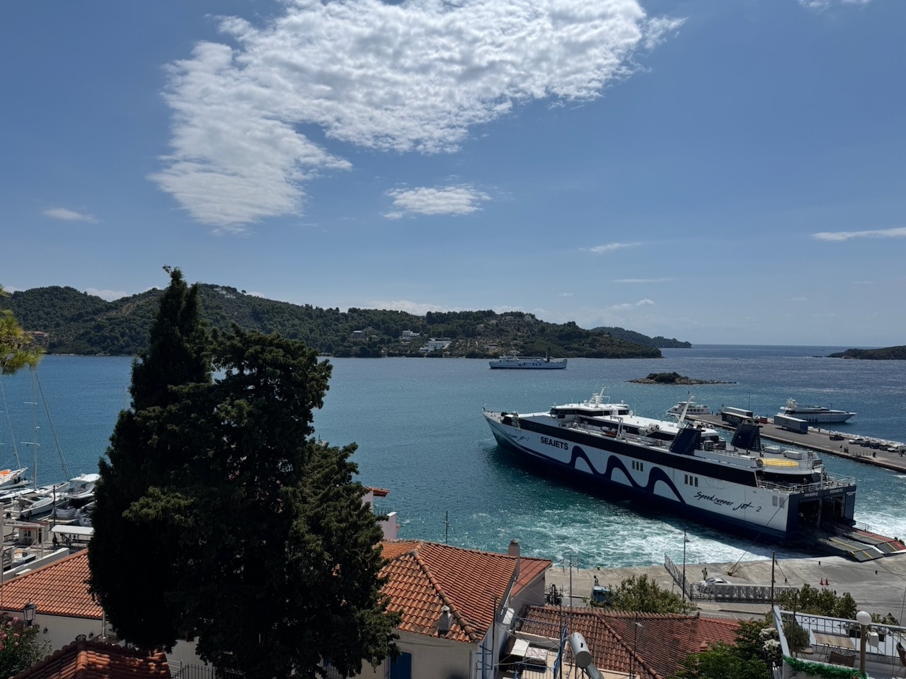 Ferry in harbor in Skiathos, Greece. Photo by ConsumerMojo.com